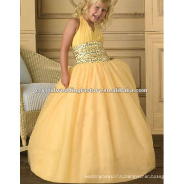 V-образным вырезом холтер бисером желтый обычай-сделал бальное платье цветочница pageant платья CWFaf4538